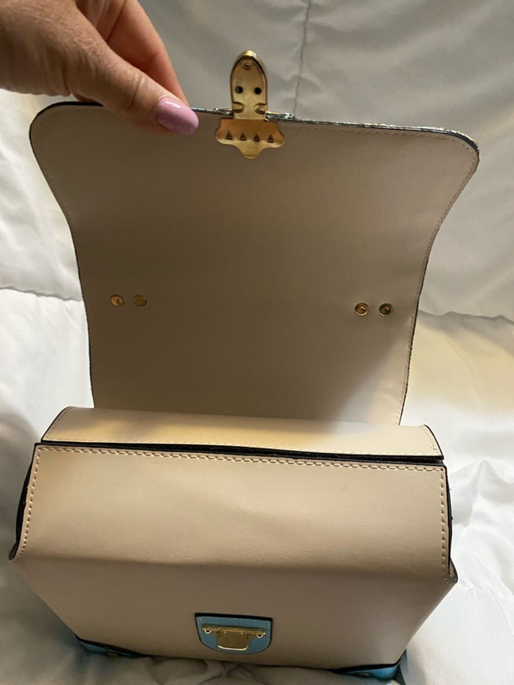 Cream and Turquoise Top-Handle Satchel with Patterned Flap - Picture 11 of 13